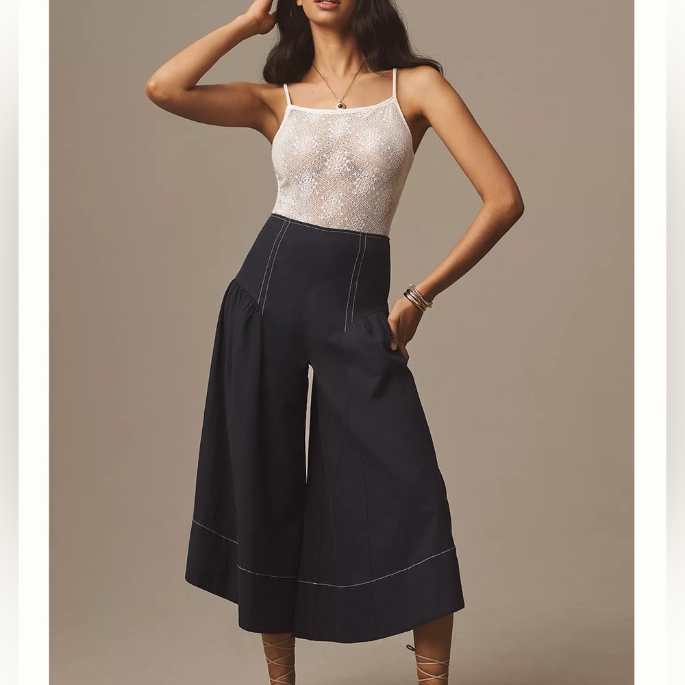 By Anthropologie extended waist linen pant new with tags size 12 navy blue